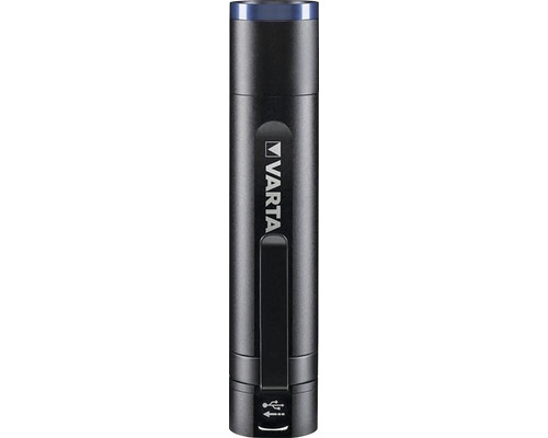 Varta-logotyp på en uppladdningsbar ficklampa med USB-anslutning