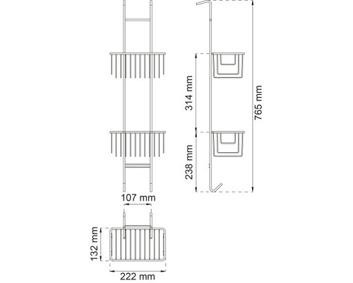 Teknisk ritning av en duschkorg med två hyllor och måttangivelser