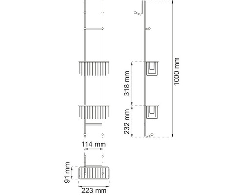 Teknisk ritning av en duschhylla med dimensioner