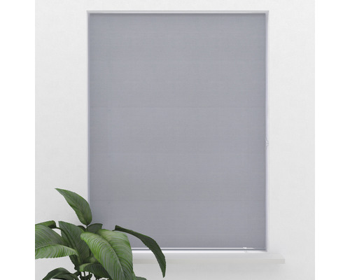 Grå rullgardin framför ett fönster med en krukväxt