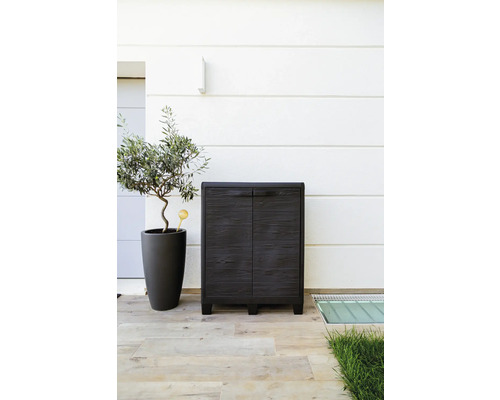 Trädgårdsskåp med två dörrar bredvid ett olivträd i kruka