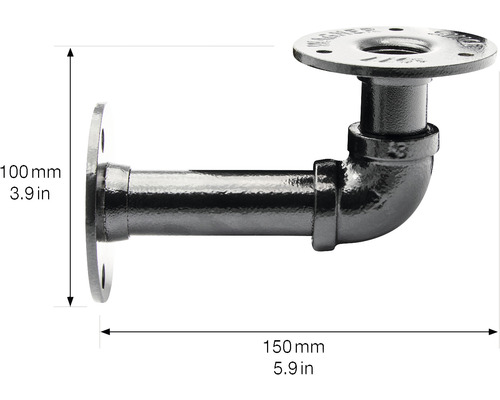 Metallrör vinkel med fläns för väggmontering, 150 mm lång och 100 mm hög
