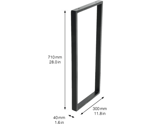 Bordsben av metall, 710 millimeter hög, 300 millimeter bred och 40 millimeter djup.