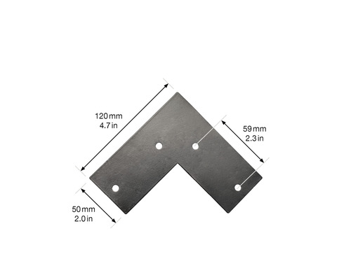 Vinkelbeslag med måtten 120 mm, 59 mm och 50 mm.
