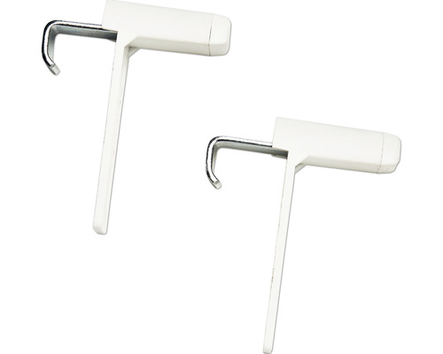 Två vita bildkrokar med stålkrokar