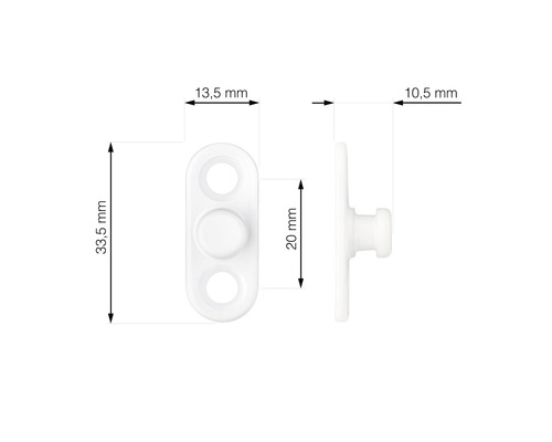 Vit fästanordning med måtten 33,5 mm längd, 13,5 mm bredd, 20 mm mittparti och 10,5 mm djup.