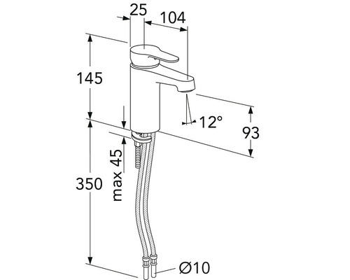 Teknisk ritning av en armatur med måttangivelser