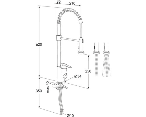 Teknisk ritning av köksblandare med måttangivelser