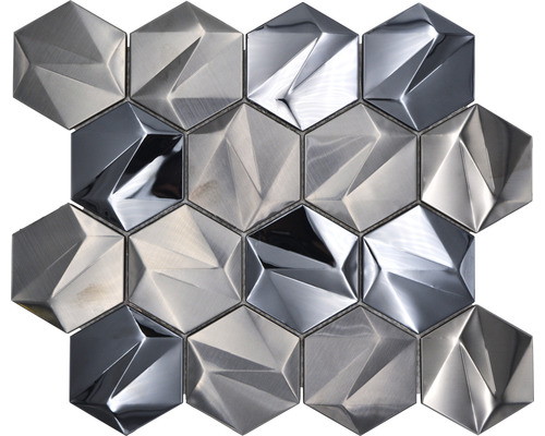 Mosaik metall Hexagon Urban HXM 60PL svart grå rostfritt blank 25,7x29,7 cm