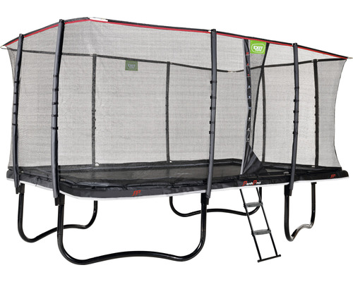 Rektangulär trädgårdstrampolin med säkerhetsnät och stege