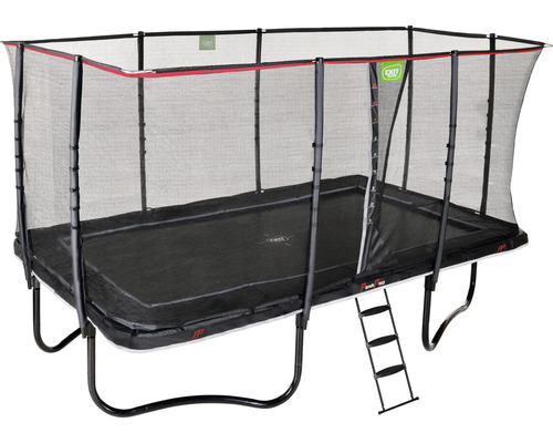Rektangulär trädgårdstrampolin med säkerhetsnät och stege