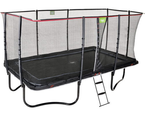 Rektangulär trädgårdstrampolin med säkerhetsnät och stege.