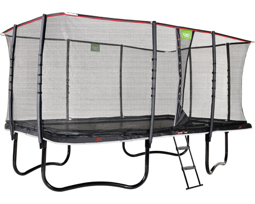 Rektangulär trädgårdstrampolin med skyddsnät och stege