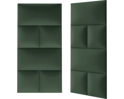 Två gröna akustikpaneler med rektangulära och kvadratiska former.