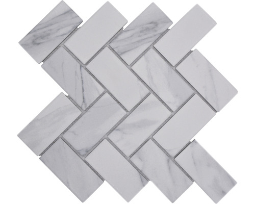 Mosaik keramik fiskben carra CIM HB CR vit matt 27,4x27,9 cm Mosaikplatta med fiskbensmönster