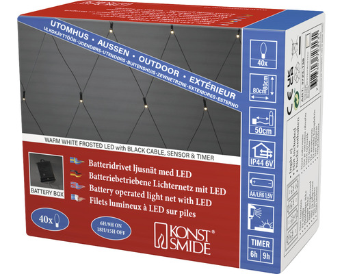 Konstsmide ljusslinga med varmvita LED-lampor, svart kabel, sensor och timer för utomhusbruk, förpackning