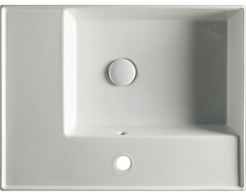 Övervy av ett rektangulärt tvättställ i keramik med överfyllnadsskydd