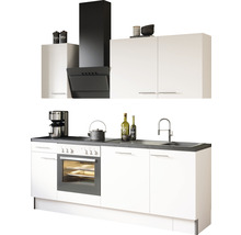 Köksmodul med svarta och vita element, inklusive fläkt, diskho och ugn