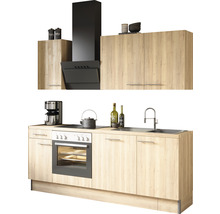 Köksdel med fläkt, diskho, spis, ugn och skåp