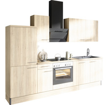 Köksdel med överskåp, köksfläkt och elektriska apparater