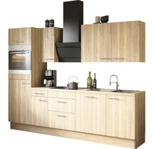 Köksdel med väggskåp, diskho och fläkt