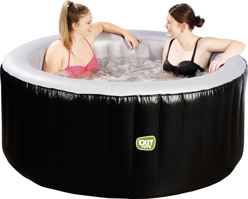 Uppblåsbar, rund, svart bubbelpool med två kvinnor i vattnet.