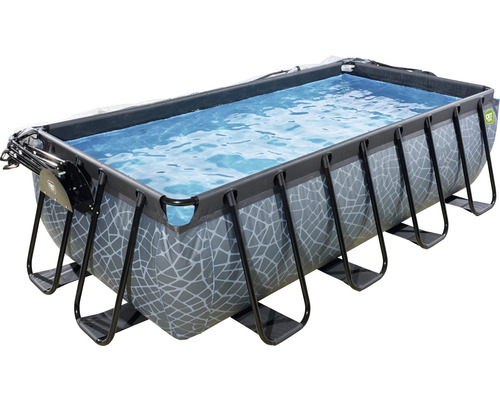 Pool EXIT StonePool 400x200x100cm inkl. sandfilterpump, övertäckning, värmepump & stege stenutseende
