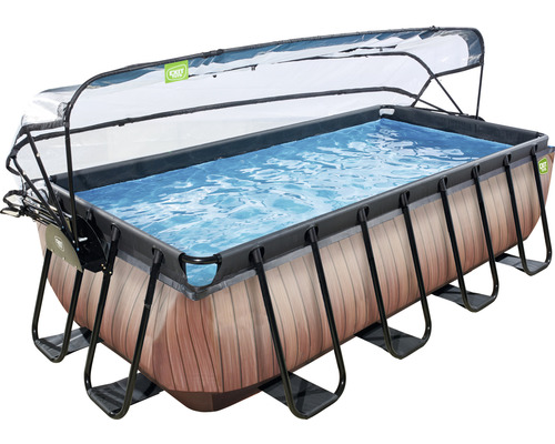 Rektangulär ram pool med trälook och tak