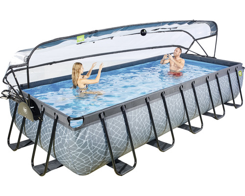 Rektangulär stålramspool med tak och mönster