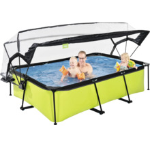 Rektangulär ovanjordisk pool med tak och lekande människor i vattnet
