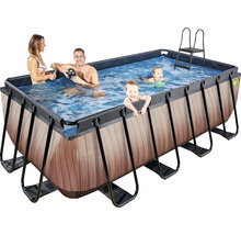 Rektangulär ram pool med familj och stege