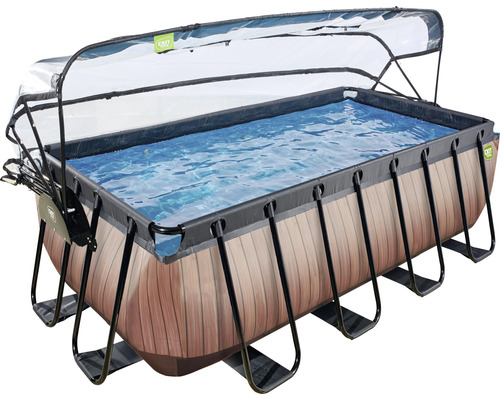 Rektangulär pool med träutseende och transparent täckning
