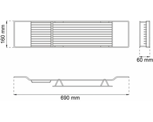 Teknisk ritning av ett badkarsbord med måtten 690 mm längd, 160 mm bredd och 60 mm höjd