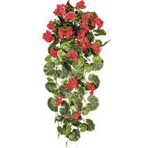 Hängande konstväxt med röda blommor och gröna blad