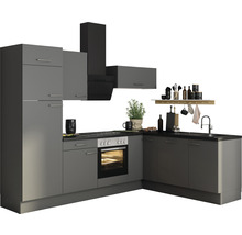 Modernt kök med grå skåp, fläkt och diskho