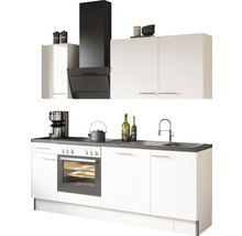 Köksdel med skåp, diskho, spis och fläkt