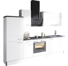 Köksdel med diskho, spis, ugn, fläkt och väggskåp