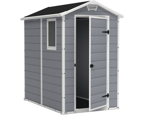 Trädgårdsskjul med fönster och öppen dubbeldörr