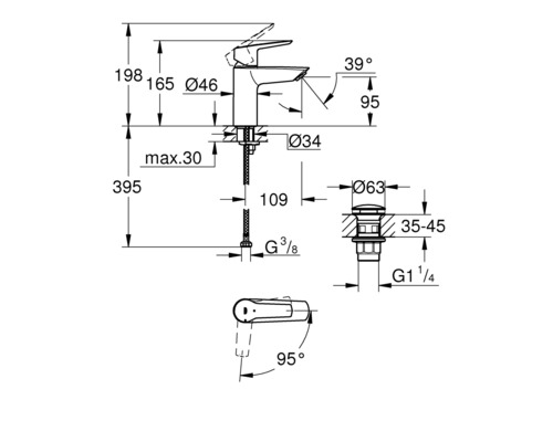 Teknisk ritning av en armatur med måttangivelser