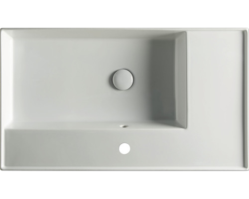 Översikt över ett rektangulärt tvättställ av sanitetskeramik med kranhål och överfyllnadsskydd