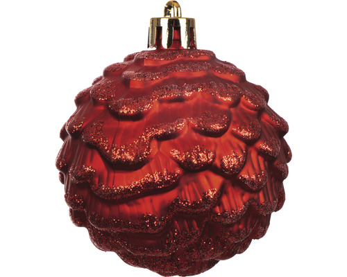 Röd, glittrande julkula i form av en kon