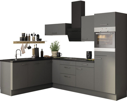 Hörnkök utan vitvaror Mats825 270cm basaltgrå matt högerutförande Komplett kök med väggskåp, diskho och ugn.