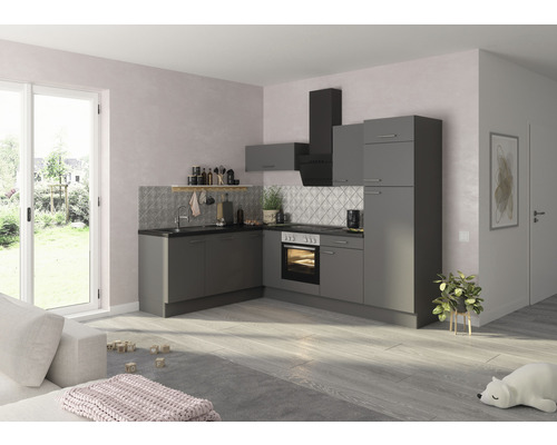 Grått inbyggnadskök med köksfläkt i modernt rum