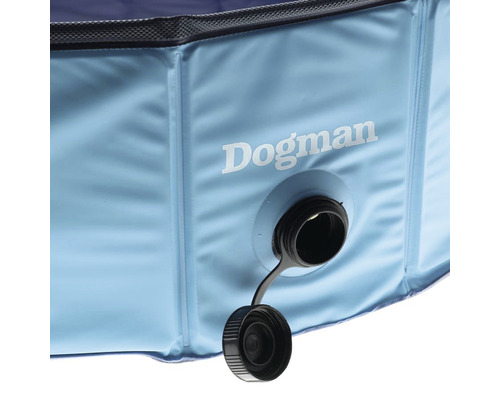 Detaljvy av en hundpool med avtappningsventil och Dogman-logotyp.