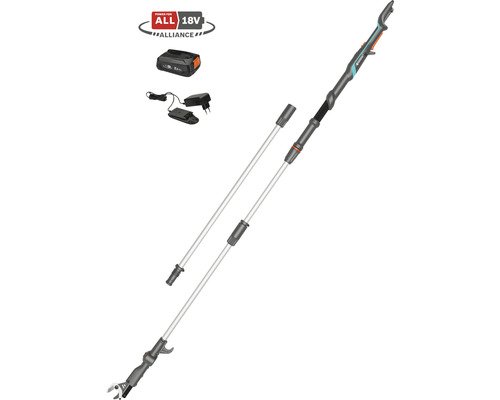 Gardena batteridriven grensax med batteri, laddare och förlängningsstång