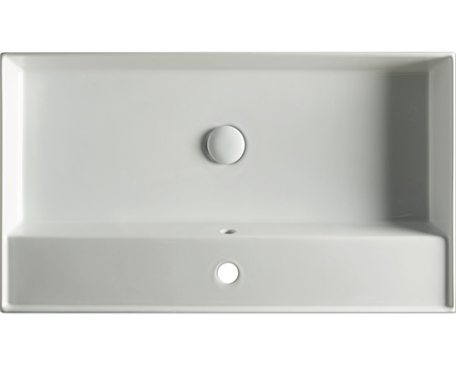 Översikt över ett rektangulärt tvättställ med kranhål och överflöde