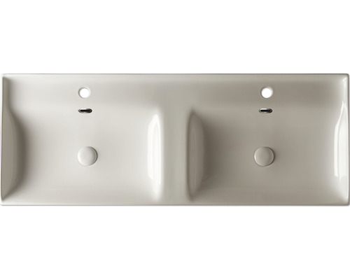 Dubbeltvättställ i keramik med två kranhål och bräddavlopp