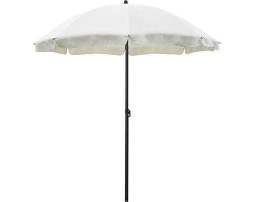 Öppet, runt parasoll med tygskärm och svart stativ