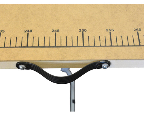 Detaljvy av en arbetsbänk med måttindelning och fästelement