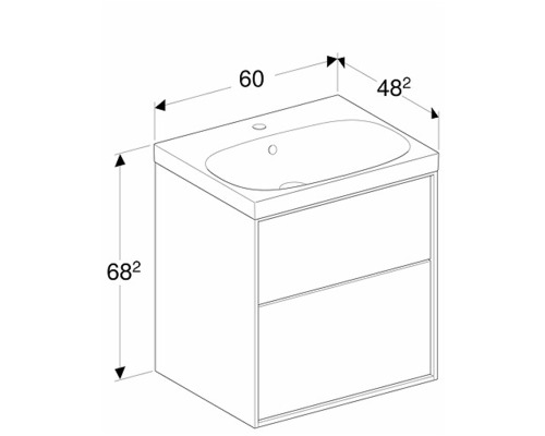 Ritning av ett tvättställsskåp med två lådor och måtten 60 x 48 x 68 cm.